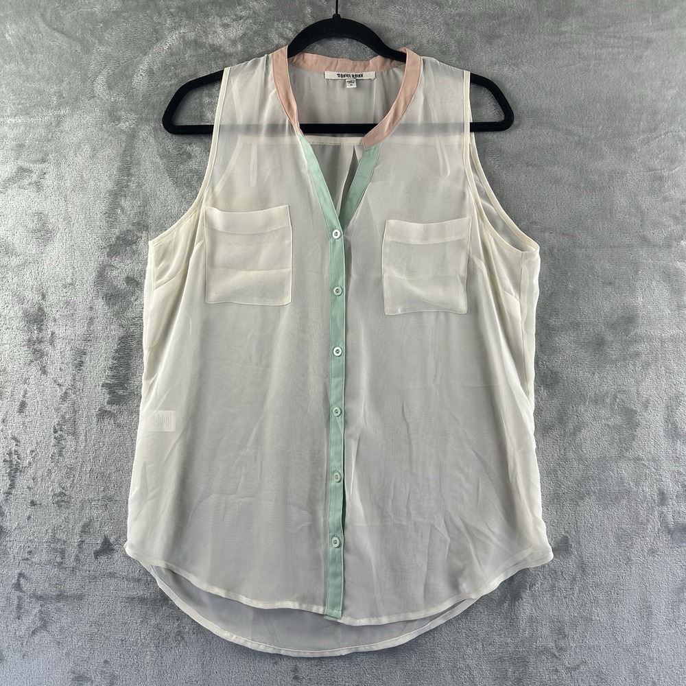 Daniel Rainn Button Up Blouse Women's M Ivory Off White Pastel Accents Sheer